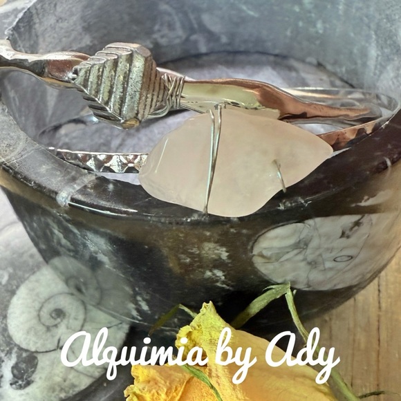 Classic  silver bangle cuff statement bracelet set pink quartz - Picture 6 of 7